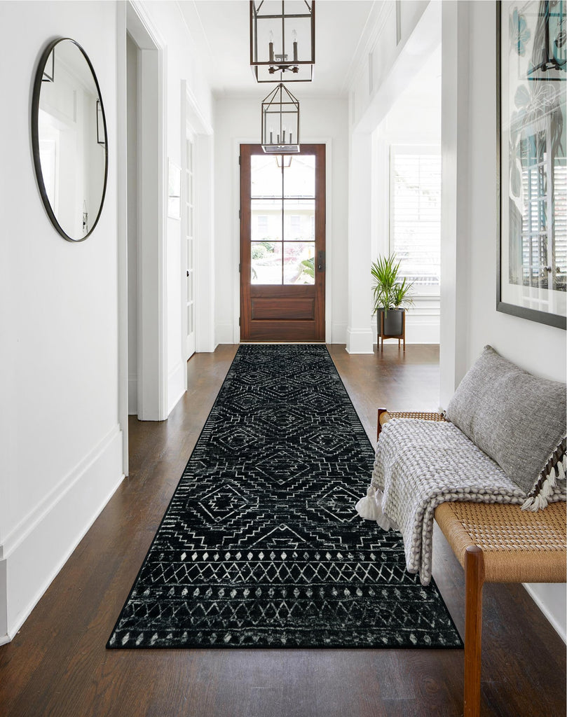 Washable Runner Rugs, Moroccan Non-Slip Black Long Kitchen Runner, Low Pile Boho Soft Carpet Runner for