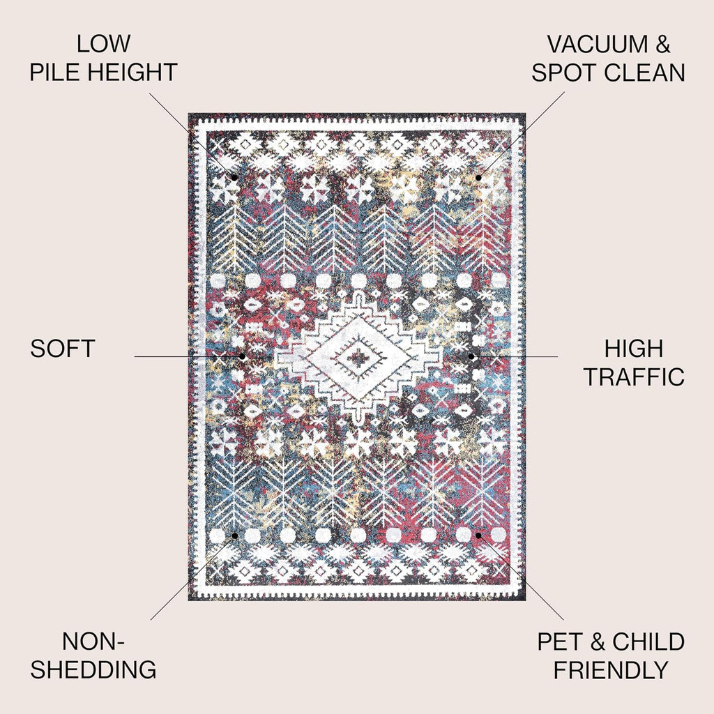 Dhiya Distressed Kilim Multi Indoor Area Rug, Bohemian, Vintage, Easy-Cleaning, Pet Friendly, Non-Shedding