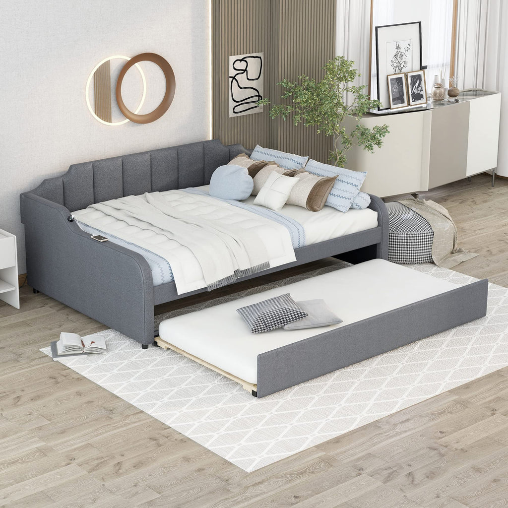 Full Daybed with Pop-up Trundle Upholstery Day Bed Frame with USB Charging Ports Modern Sofa Beds with Adjustable
