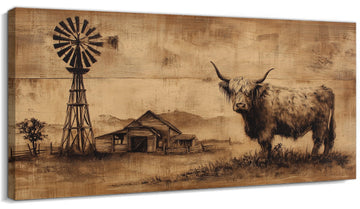 Extra Large Rustic Highland Cow Canvas Wall Art, Farm Animal Pictures Wall Decor, Country Windmill Painting Vintage