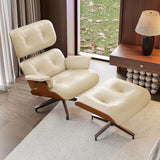 Mid-Century Modern Lounge Chair & Ottoman — Cream Bonded Grain Leather, Walnut Base, Tall Back