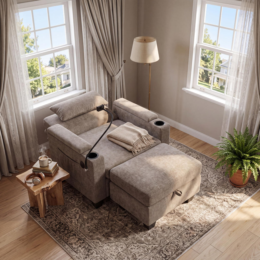 Accent Chair and Storage Ottoman Set, Versatile Single Chaise Lounger Convertible Sleeper Chair Bed W/Reclining