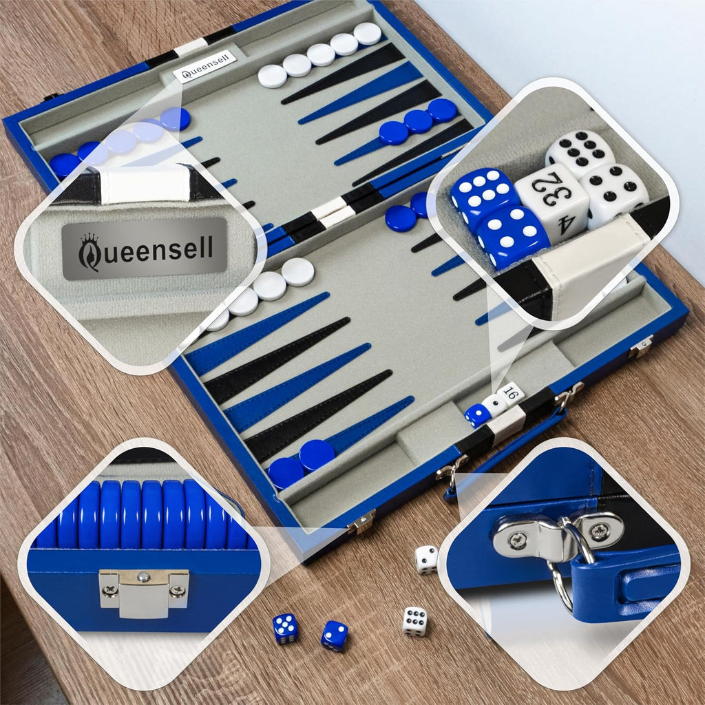 Large Blue Backgammon Sets for Adults - Classic Board Games for 2 Players Adults and Kids - Premium Backgammon Set 15