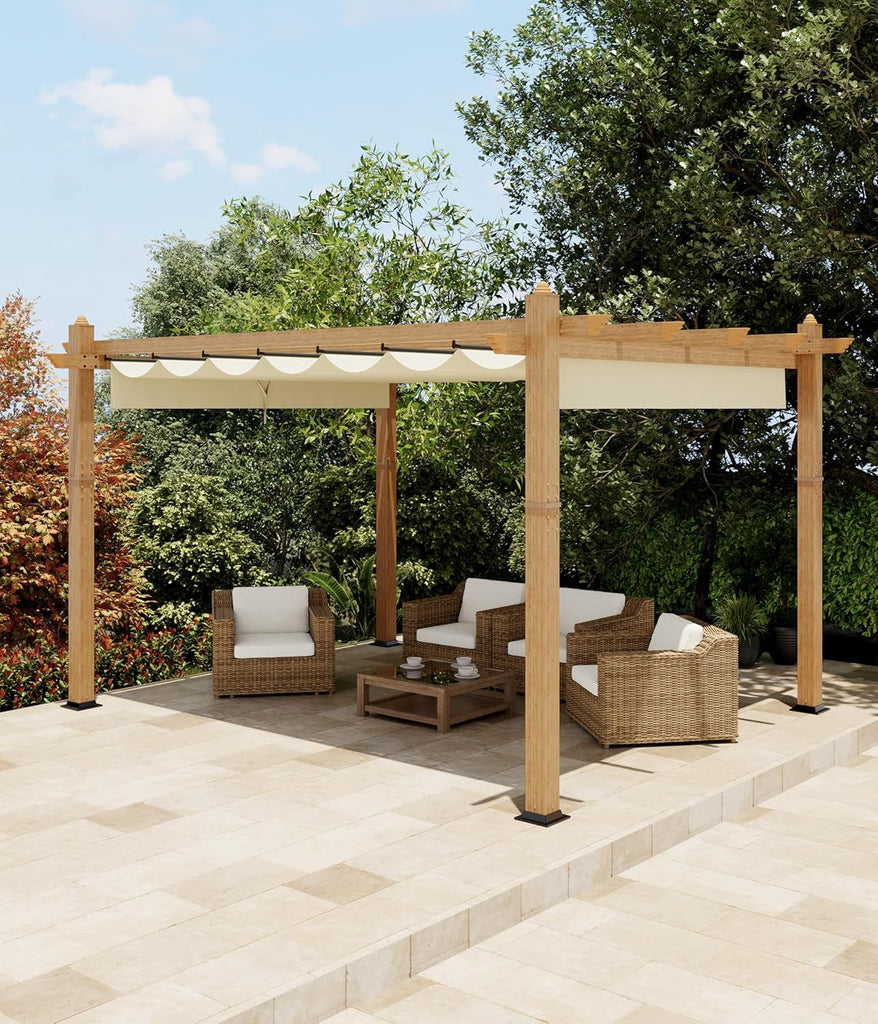 10x13 Ft Outdoor Pergola Faux Wood Grain Aluminum Gazebo with Retractable Canopy for Patio Modern Backyard Deck