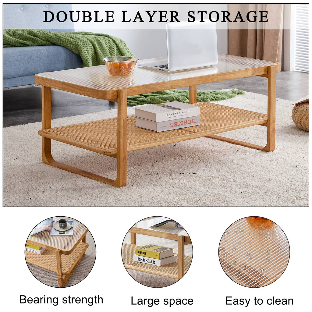 Solid Wood Coffee Table, Modern Rattan Coffee Table with 2-Tier Storage Shelf, Boho Rectangle Coffee Table with Glass