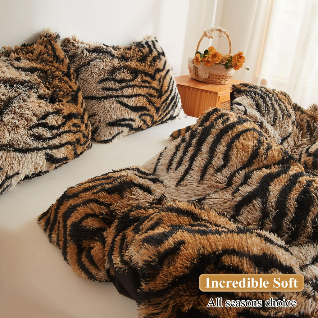 Tiger Print Faux Fur Fluffy Pillowcases, Set of 2, King, Tiger Brown