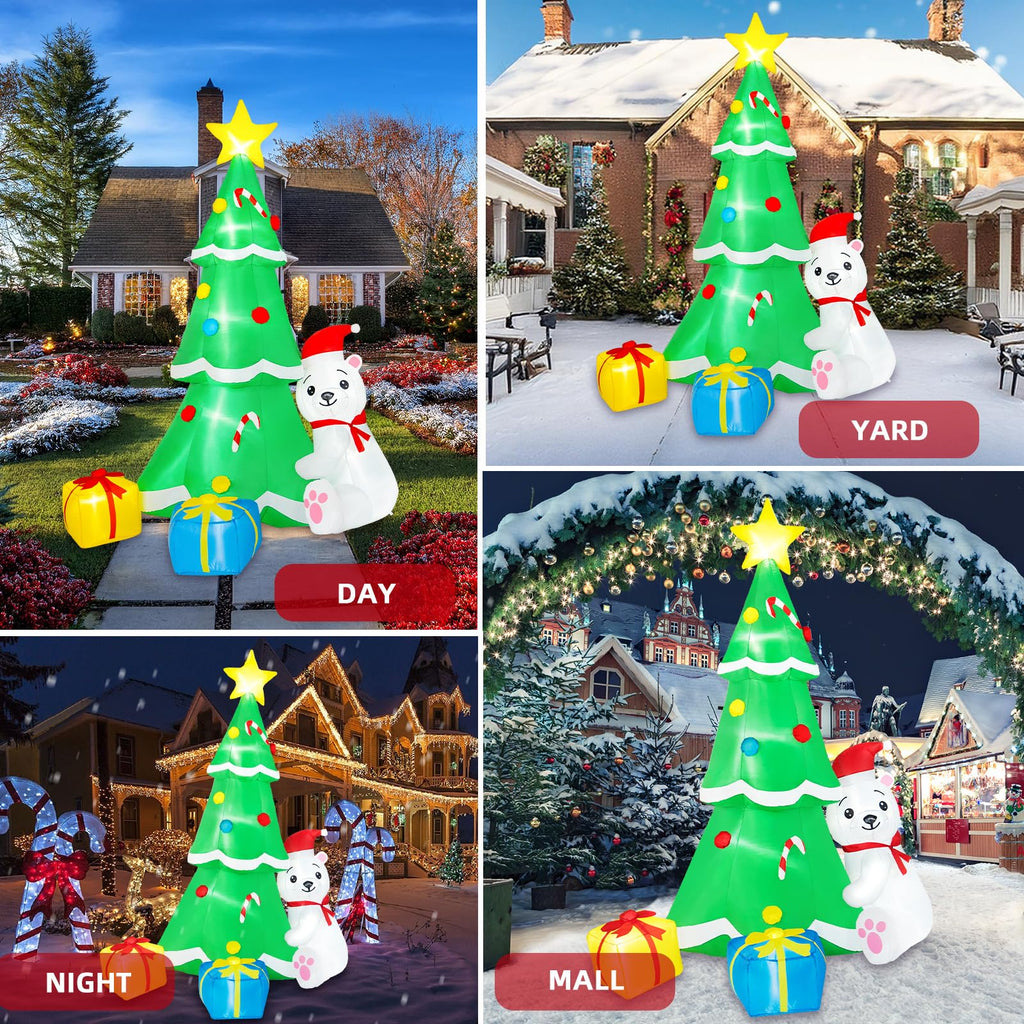 8FT Inflatable Tree Christmas Decorations Outdoor, Xmas Inflatables Polar Bear Holding Christmas Tree Built-in LEDs