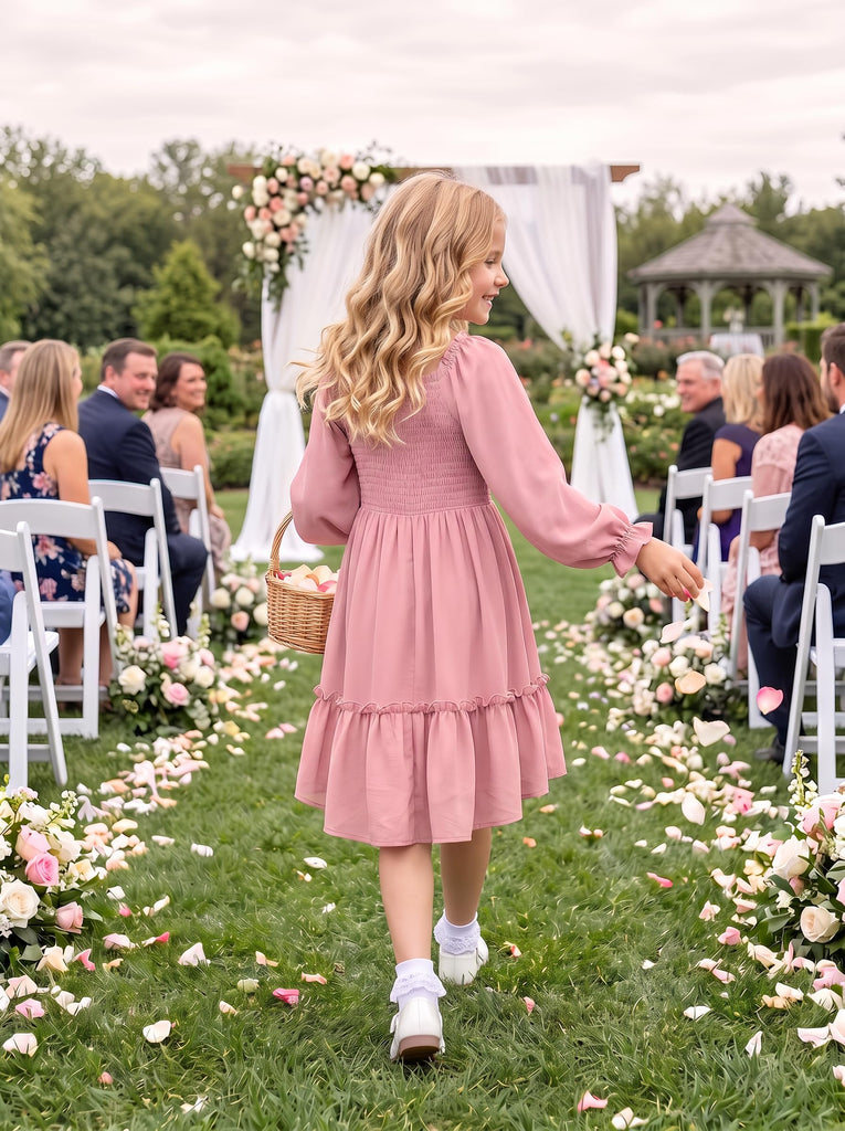 Girls Long Sleeve Fall Smocked High Low Dresses Pink