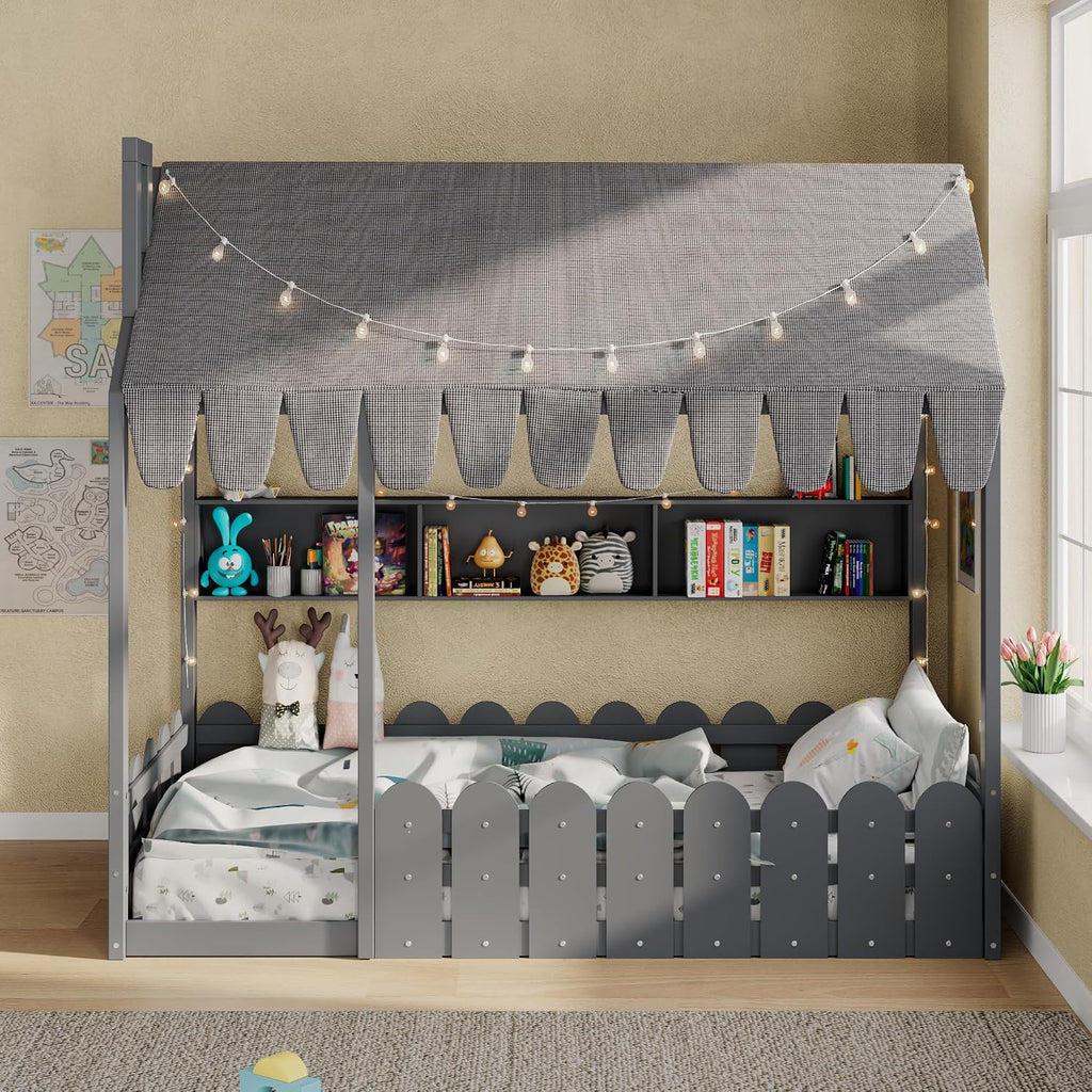 Montessori House Bed for Kids, Floor Bed with Fence Railings, Tent, Lights & 3 Storage Shelves, Slats are not