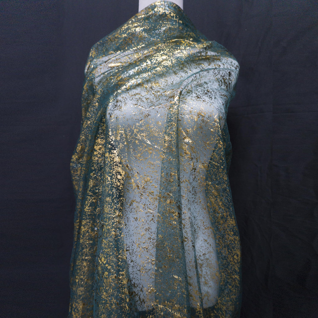 Dark Green Shimmering Gold Foil Tulle, 59" x 7 Yards, Sheer Mesh for Christmas, Forest Wedding, DIY Crafts, Holiday