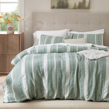 PureWoven Boho Striped Cotton Waffle Duvet Cover Set, Green