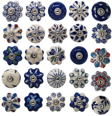 Set of 25 Ceramic Knobs Colorful Blue Cabinets Cupboards