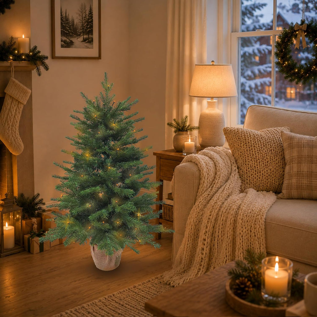 3ft Pre-Lit Artificial Mini Christmas Tree, Battery Operated Xmas Tree