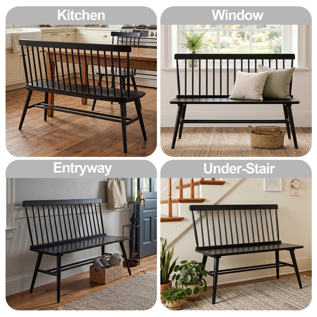 Entryway Bench, Black Dining Bench with Spindle Back