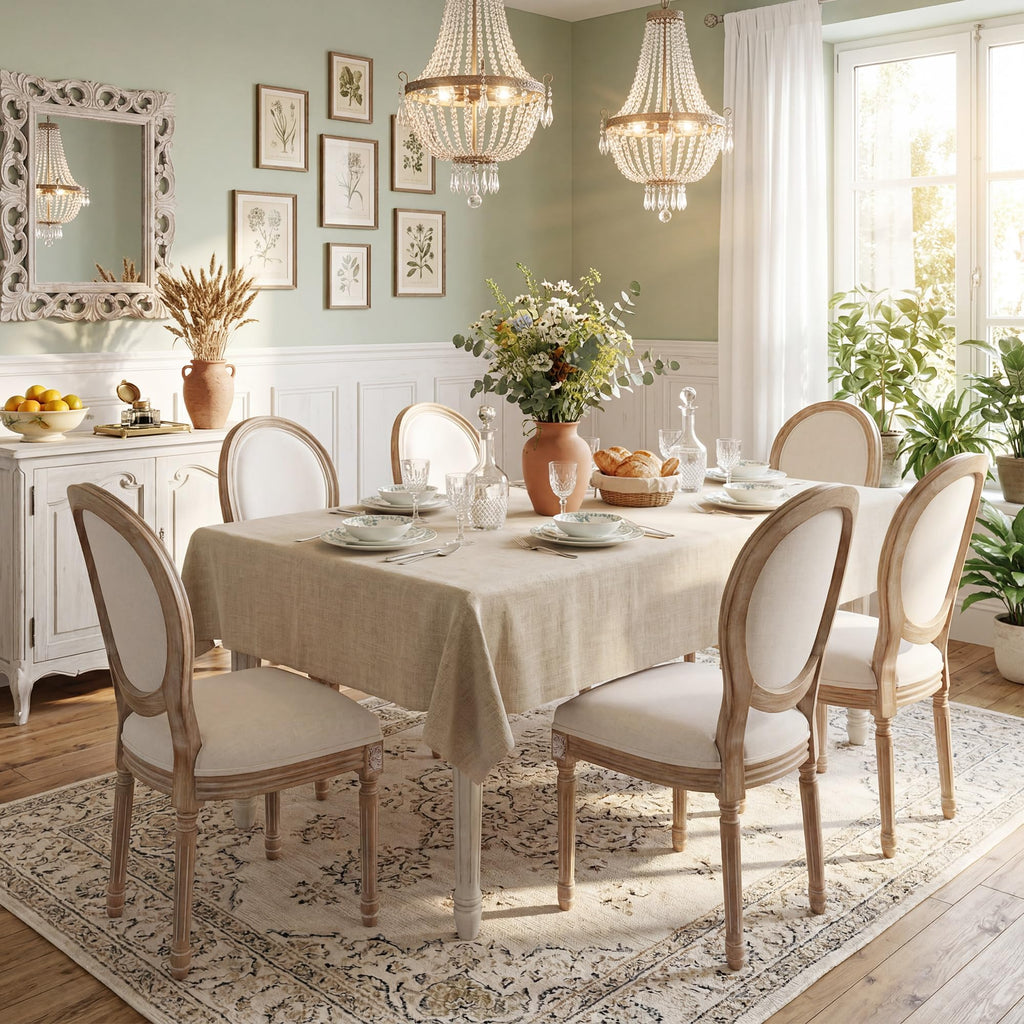 Dining Chairs Set of 2 Beige Fabric Round Back with Solid Wood Legs and Frame for French Country Kitchen Dining Room
