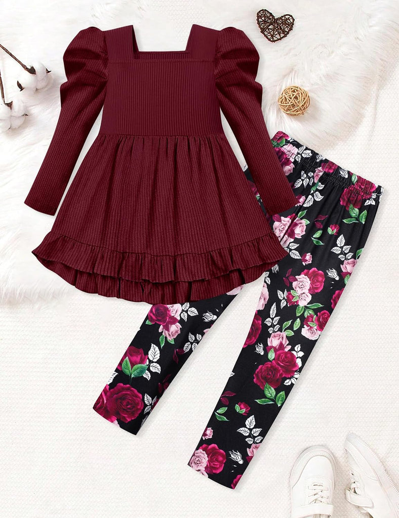 Toddler Girl Clothes Square Neck Ruffle Hem Long Sleeve Top Floral Print Leggings Fall Outfits Kids Clothing Sets