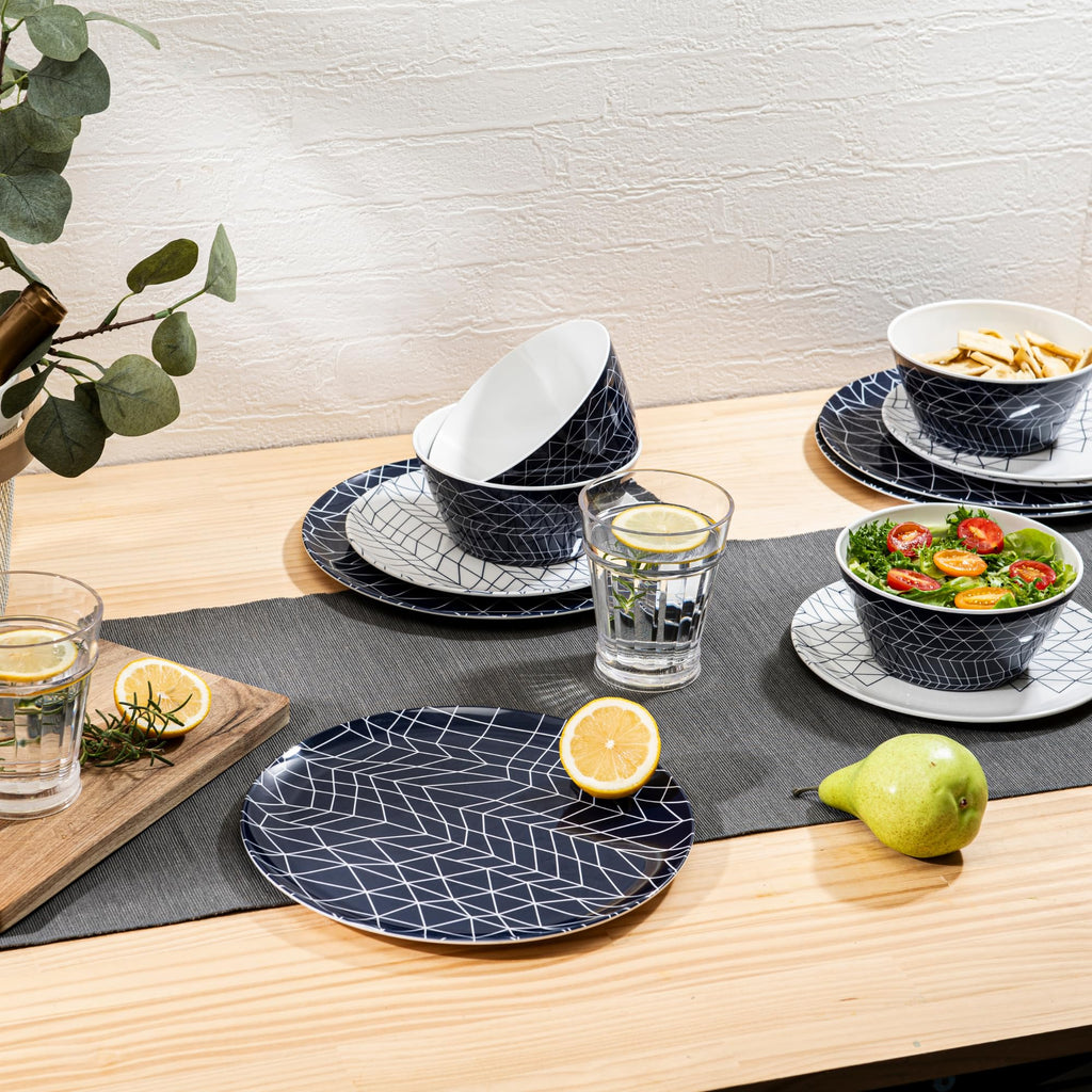 Melamine Dinnerware12 Piece Outdoor Indoor Set, Spidy Blue BPA Free