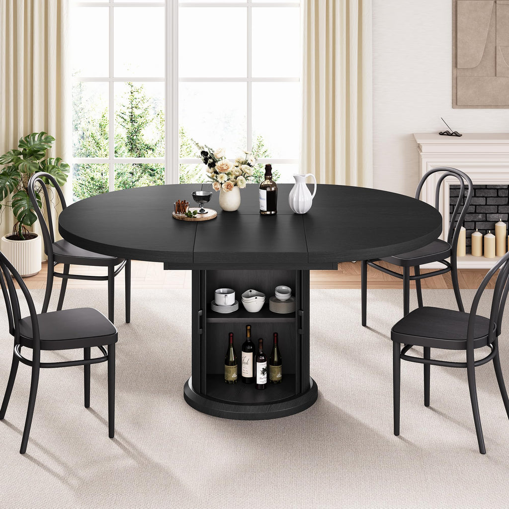47′′-63′′ Extendable Round Dining Table for 4-8 with Dust-Proof 2-Tier Storage Shelf Space Saving Expandable Wood