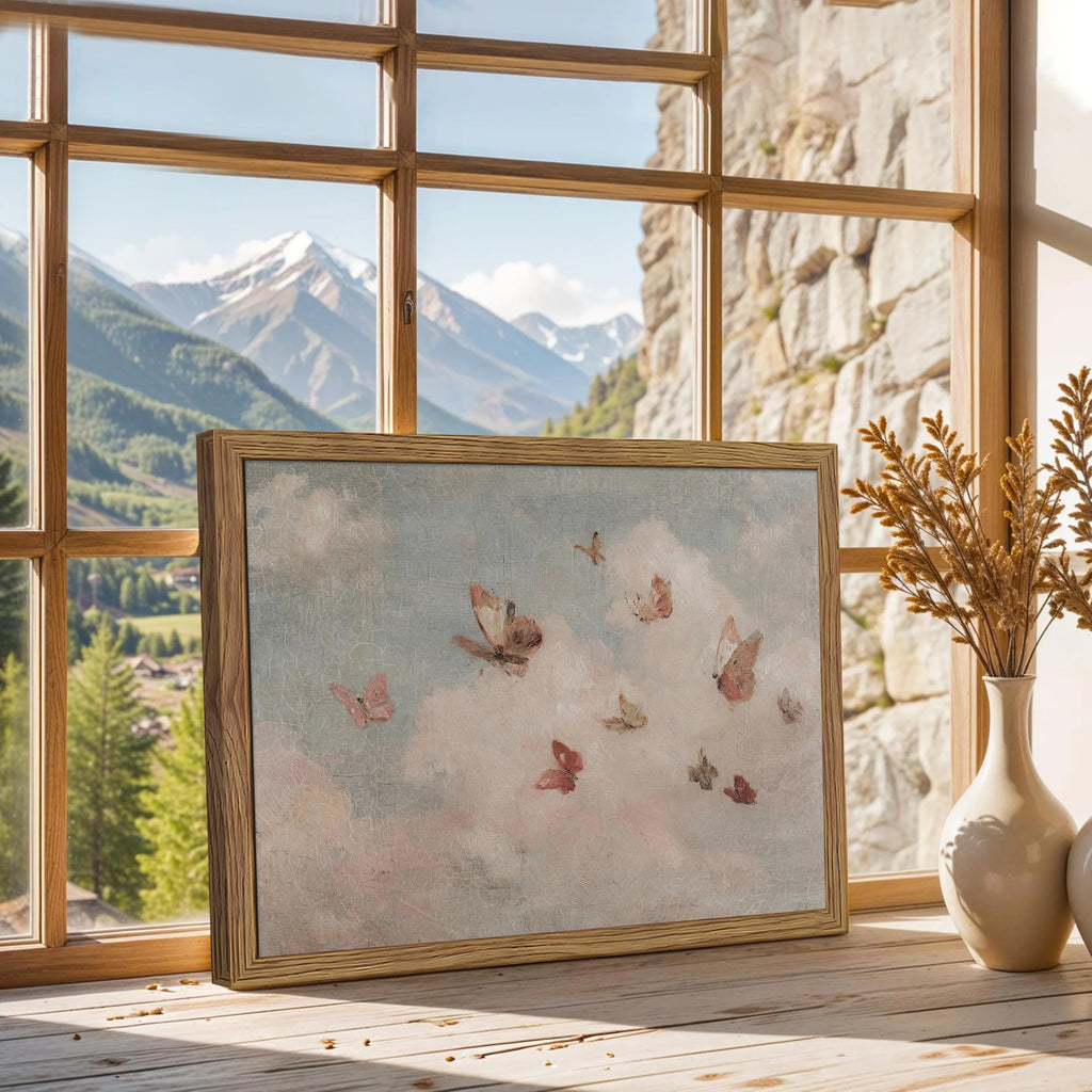 Framed Vintage Butterfly Canvas Wall Art, Dreamy Cloud Butterfly Poster Print, Soft Pastel Sky Nature Artwork, Retro