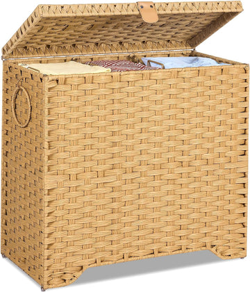 130L Wicker Laundry Hamper with Lid, 3-Section Laundry Basket | 3 Removable Liner Bags; 4 Included Mesh Laundry Bags;