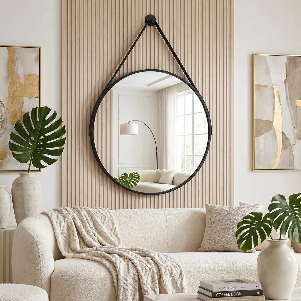 16" Black Round Mirror, Circle Wall Mirror with Leather Strap