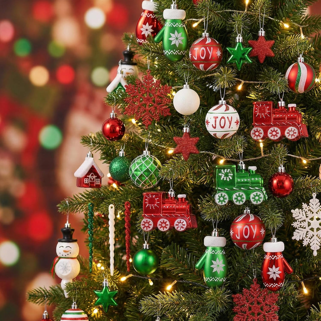 Christmas Tree Ornaments Set, 100ct Red Green White Shatterproof Christmas Tree Decorations Bulk, Variety Whimsical