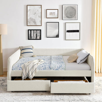 Queen Size Boucle Upholstery Daybed with 2 Drawers, Modern Style Tufted Corner Sofa Bed Frame with Solid Wooden