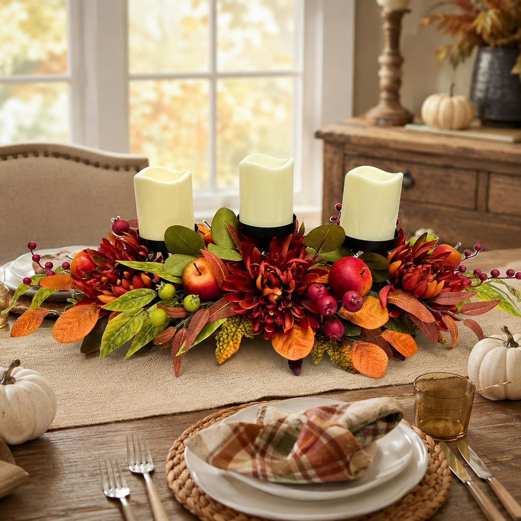 26 Inch Fall 3 Candle Holder with Faux Apples, Mums and Berries | 3 Candle Cups with Faux Apples, Red Mums and Autumn