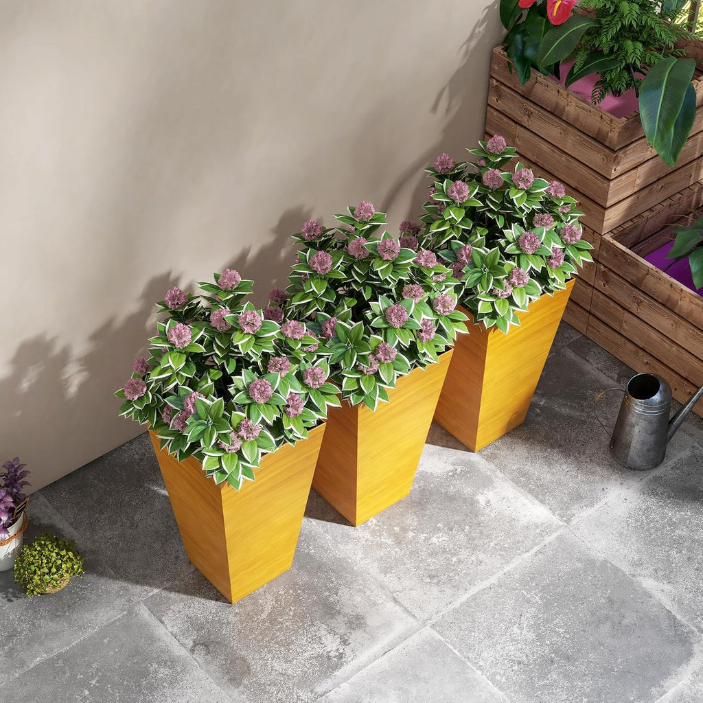 Outdoor Planters,Set of 3 Taper Planters with Drainage Holes and Plug,Faux Wood Flower Pots for
