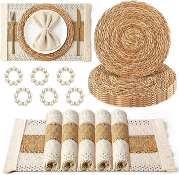 Sets Boho Placemats, Rattan Burlap Mats, Pearl Napkin Rings - Set of 6