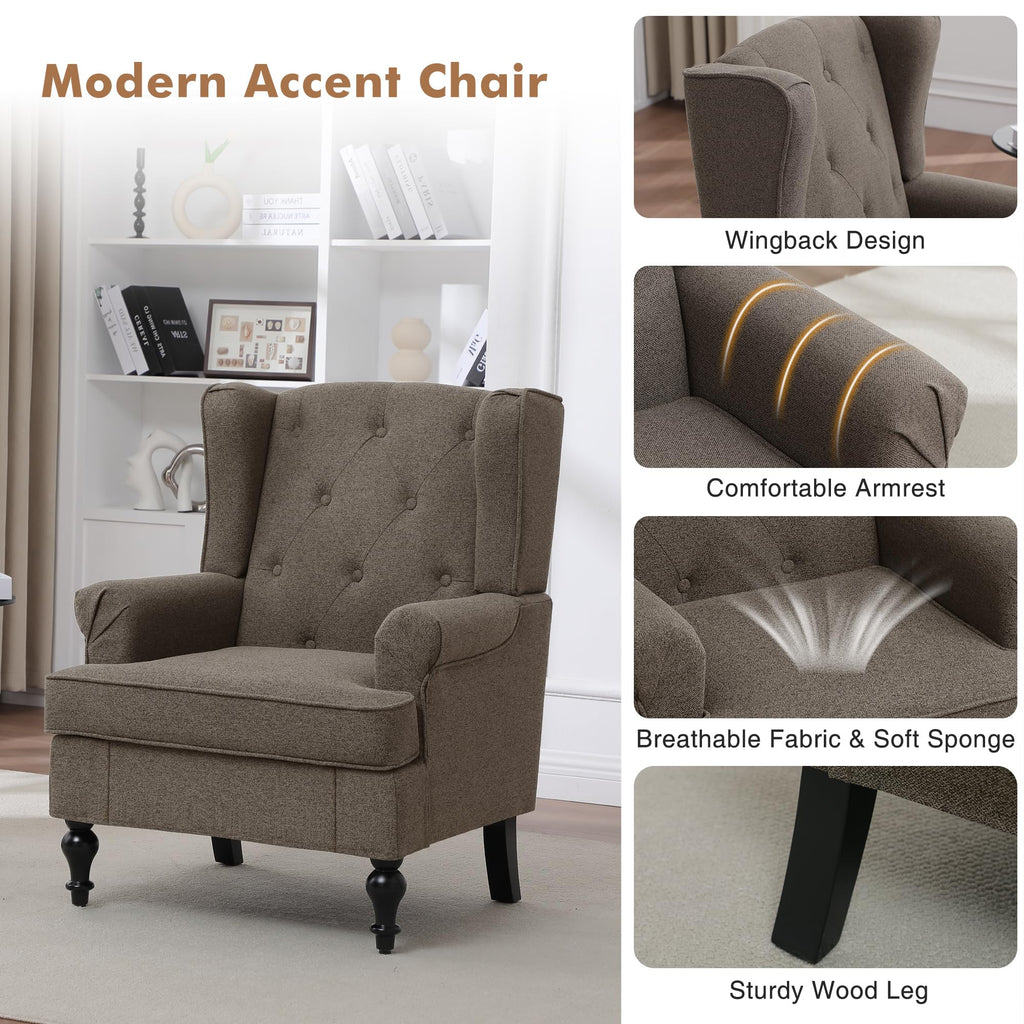 Accent Chair, Mid Century Modern Upholstered Wingback Chair, Armchair with Tufted High Back and Solid Legs, Comfy