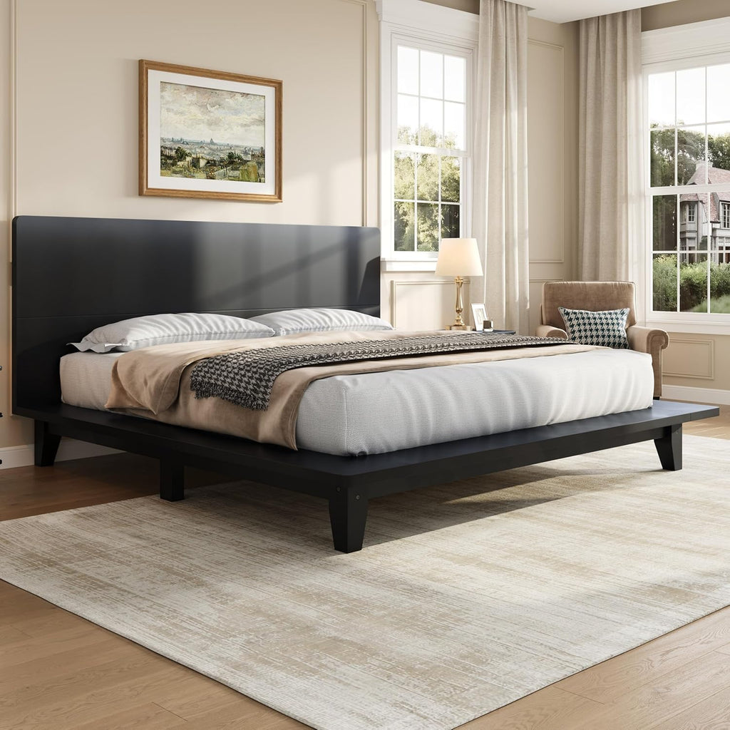 Mid-Century Full Size Wooden Bed Frames, Pine Wood Japanese Low Platform Bed with Brown Headboard, 7 inch Low Under