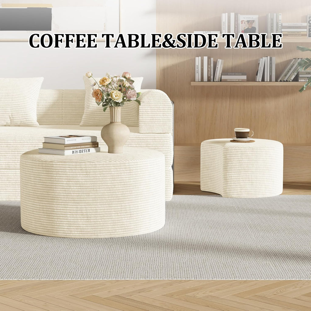Round Nesting Coffee Table Set of 2,Upholstered Foam Ottoman Footrest Side Table Set,Modern Flannel Circle Coffee