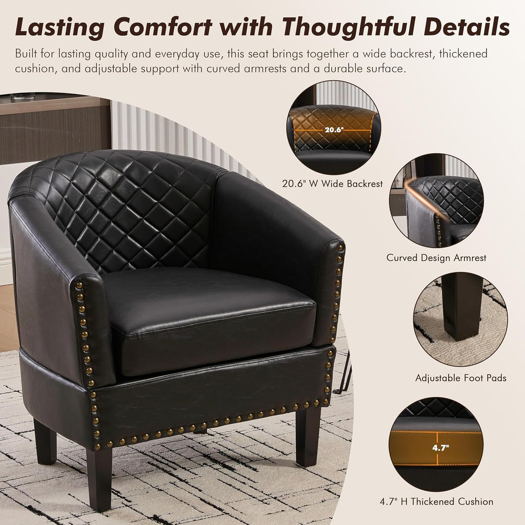 Retro PU Leather Barrel Chairs, (Black) - Set of 2
