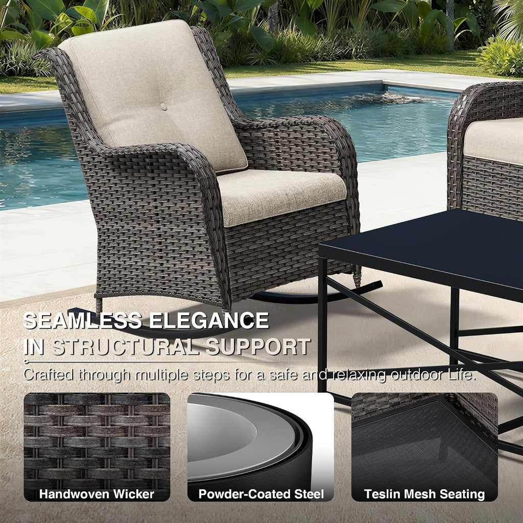 Outdoor Rocking Chair, Wicker Patio Furniture with High Back, Deep Seating, Wide Armrest, Thickened Cushions, Outdoor
