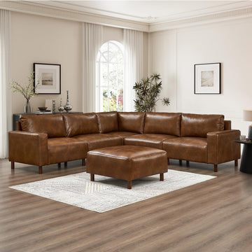 Faux Leather V-Shaped Sectional Couch with Solid Wood Legs, Mid Century Modern Modular Sofa with Ottoman, Comfort