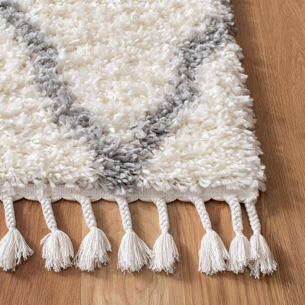 Moroccan Tassel Shag Collection Runner Rug - 2'2" x 8', Ivory & Light Grey, Boho, Non-Shedding & Easy Care, 1.5-inch