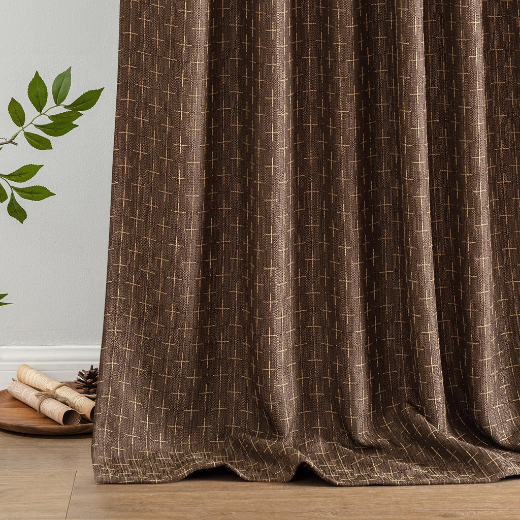 Patterned Farmhouse Linen Curtains, Back Tab, 52Wx84L, Dark Coffee