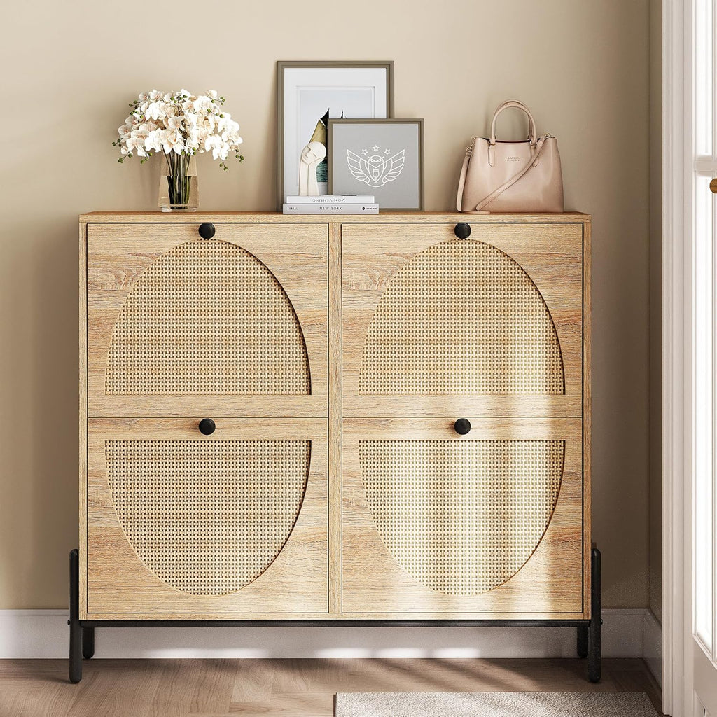 Rattan Shoe Cabinet Storage with 4 Flip Drawers, Freestanding Shoe Storage Organizer Cabinet , Narrow Shoe Rack