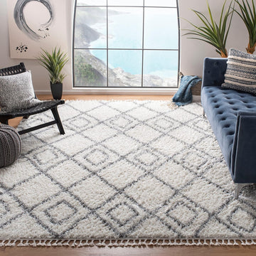 Moroccan Tassel Shag Collection Area Rug - 6'7" Square, Ivory & Light Grey, Boho, Non-Shedding & Easy Care, 1.5-inch