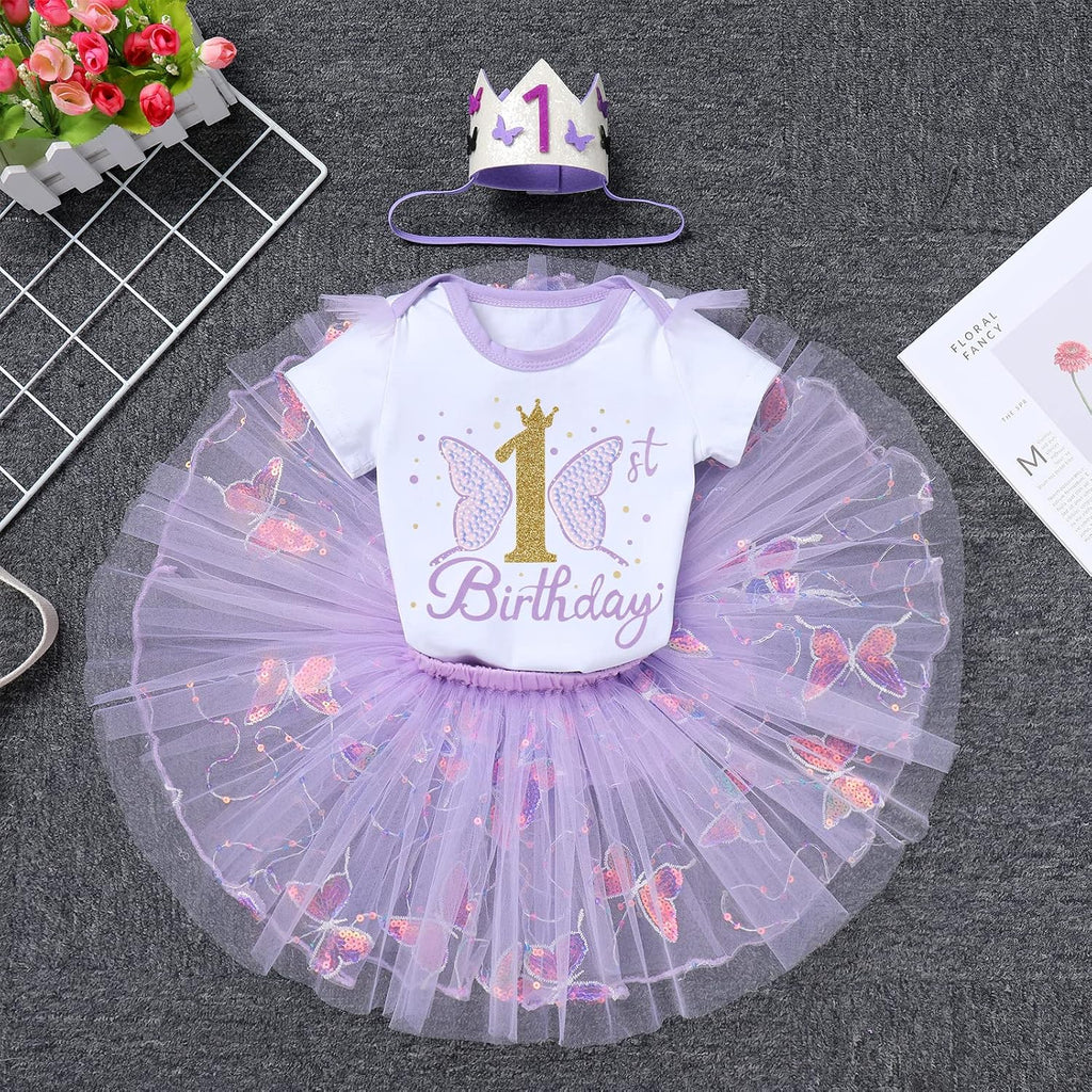 Baby Girl 1st Birthday Cake Smash Outfit Sequin Butterfly Romper Princess Tutu Dress Headband Photoshoot Clothes