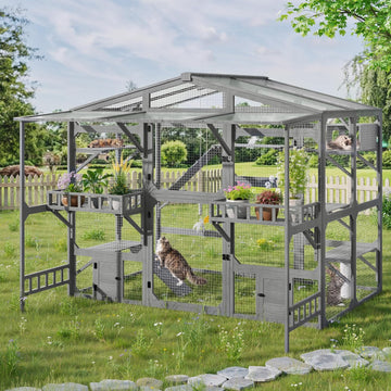 Large Outdoor Catio for 6-10 Cats with Platforms, Ramp & Cat House