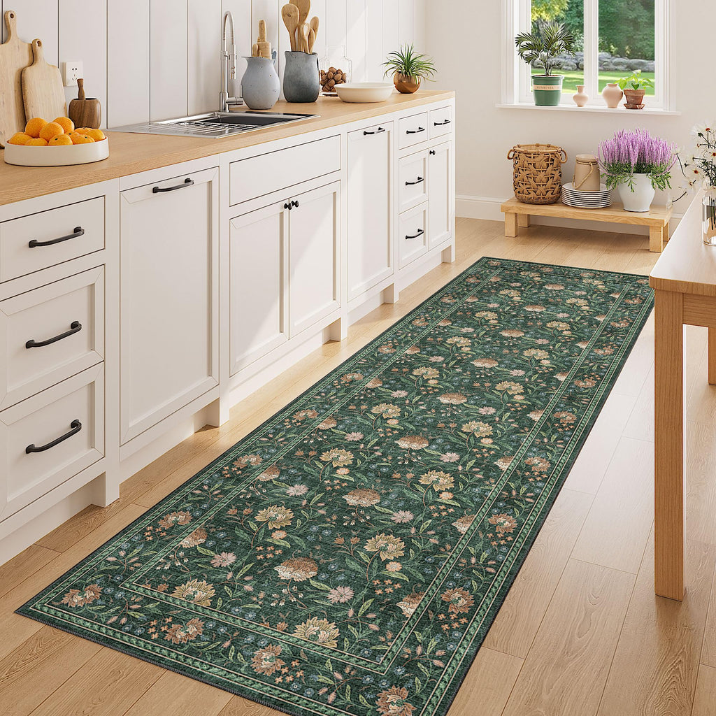 2.6x8 Runner Rug, Washable Vintage Floral Kitchen Runners Rug, Green