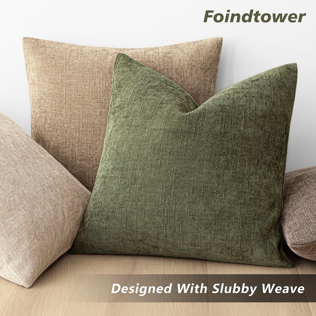 Solid Textured Chenille Throw Pillow Covers 18x18, Olive Green