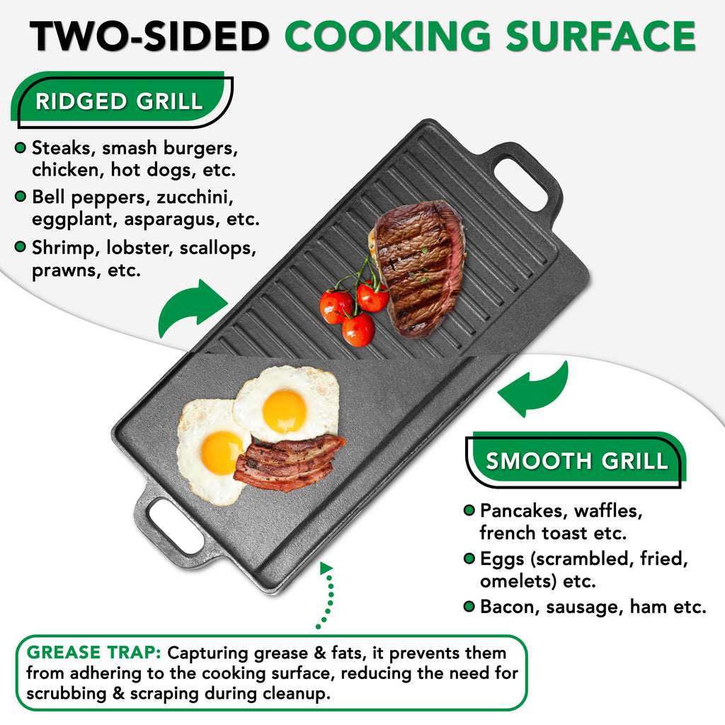 2-in-1 Reversible 19.5" x 9" Cast Iron Griddle with Handles, Preseasoned & Non-Stick for Gas Stovetop, Oven and Open