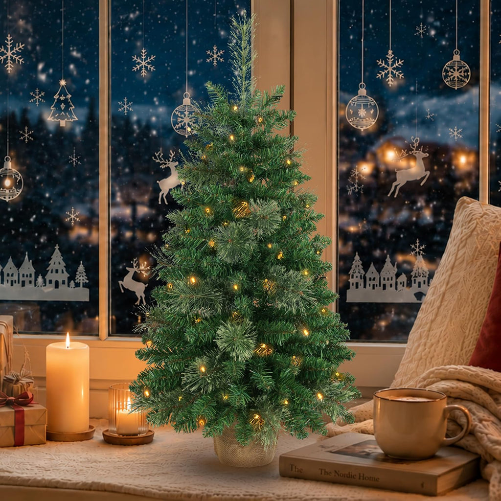 3ft Pre-Lit Artificial Mini Christmas Tree, Battery Operated Desk Xmas Tree