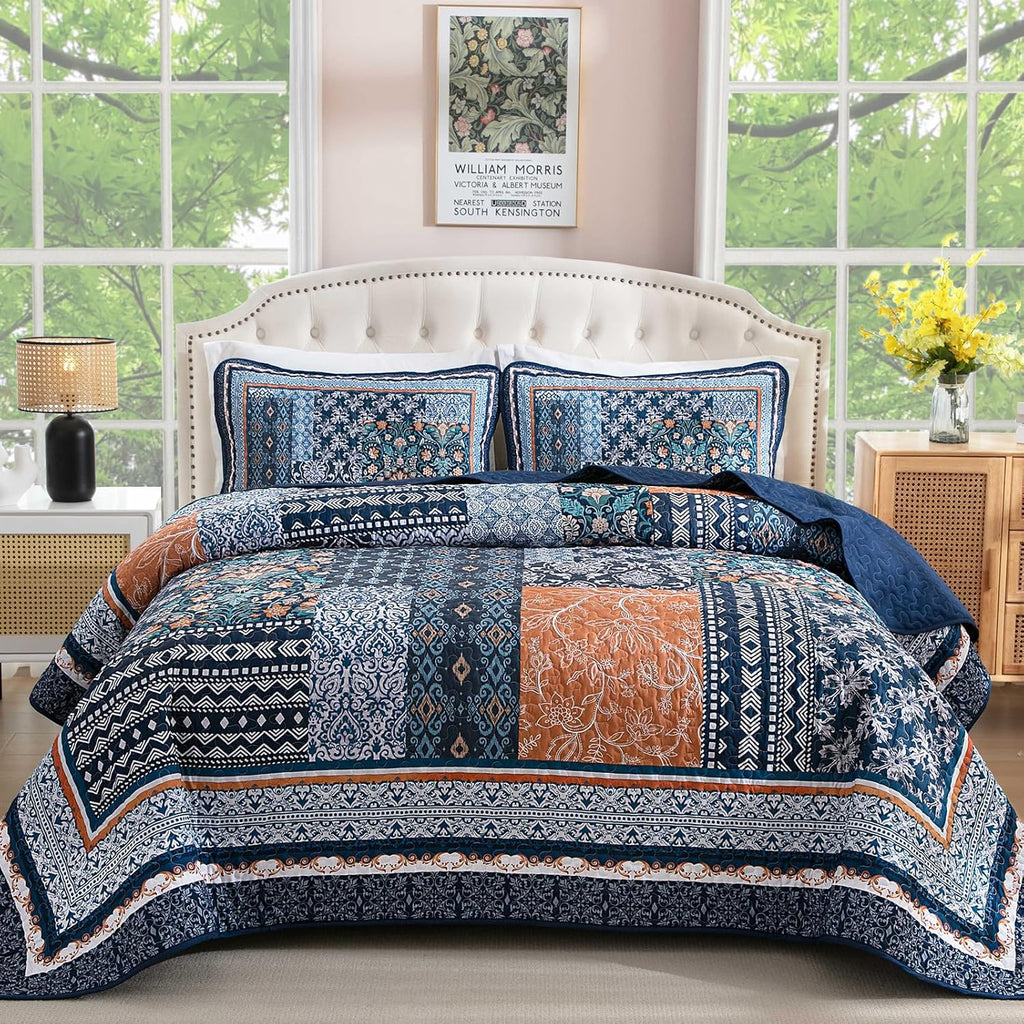 Navy Blue Quilt Set Queen,Bohemian Patchwork Bedspread Coverlet Set, Reversible Farmhouse Floral Pattern Bedspreads