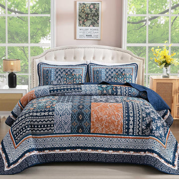 Navy Blue Quilt Set Queen,Bohemian Patchwork Bedspread Coverlet Set, Reversible Farmhouse Floral Pattern Bedspreads