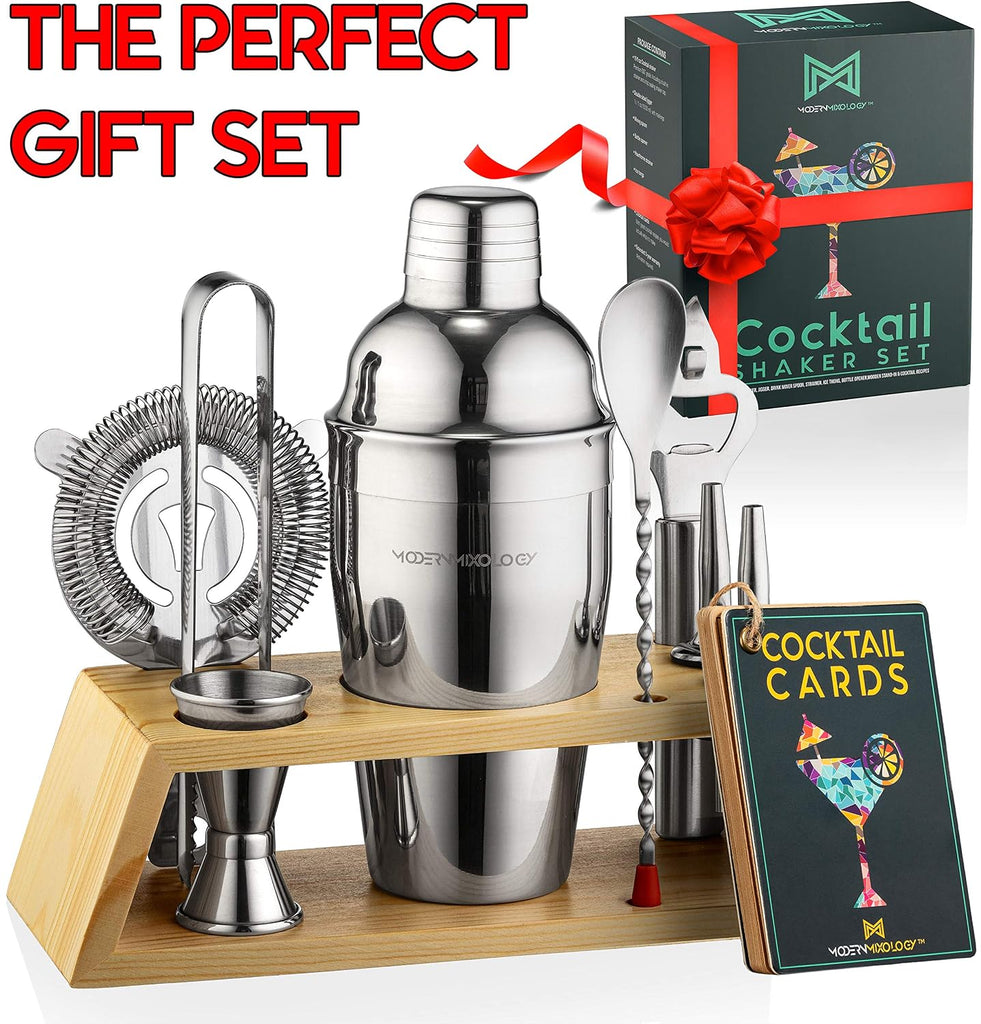Bartender Kit with Bamboo Stand - Cocktail Shaker Set and Bar Accessories Bar, Drink Mixing, and Mixology Kit - Set of 10