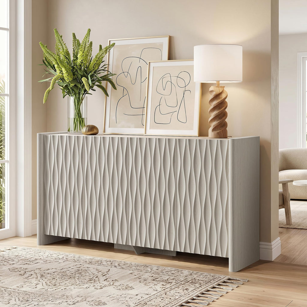 61" Textured Wave Sideboard Buffet Cabinet with Storage, Off White